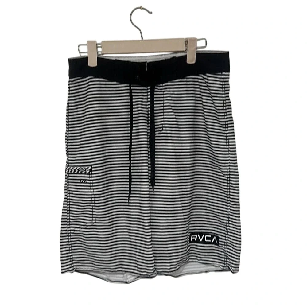 RVCA Mens Black White Striped Swim‎ Trunks Surf Boardshorts Size 28